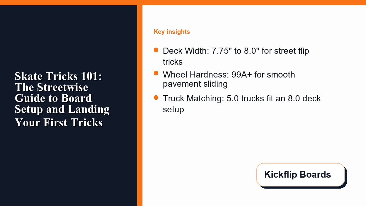 Kickflip Boards guide card with deck width, wheel hardness, and truck matching notes for street tricks