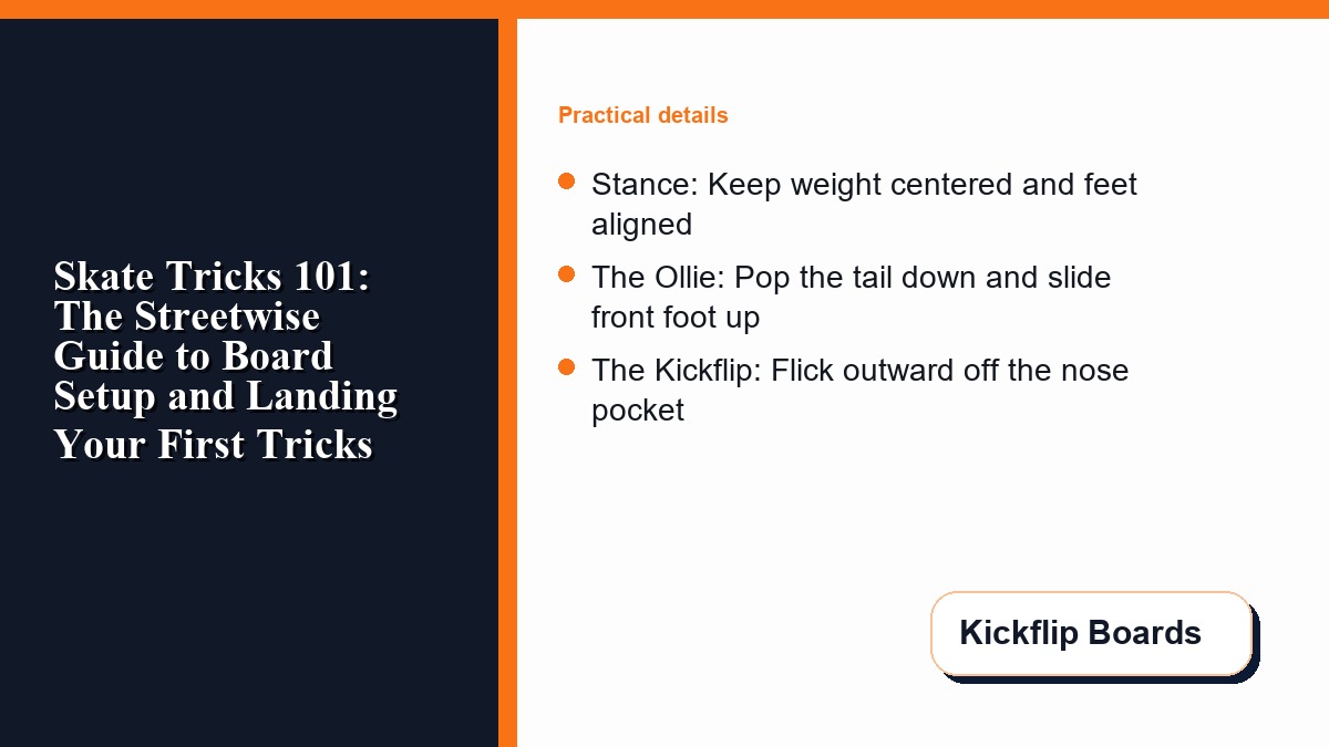 Skate trick briefing card showing stance, ollie pop, and kickflip flick notes