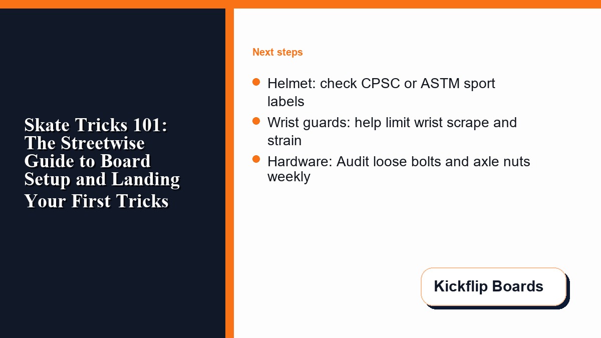 Kickflip Boards safety and hardware checklist card with helmet, wrist guard, and bolt check notes